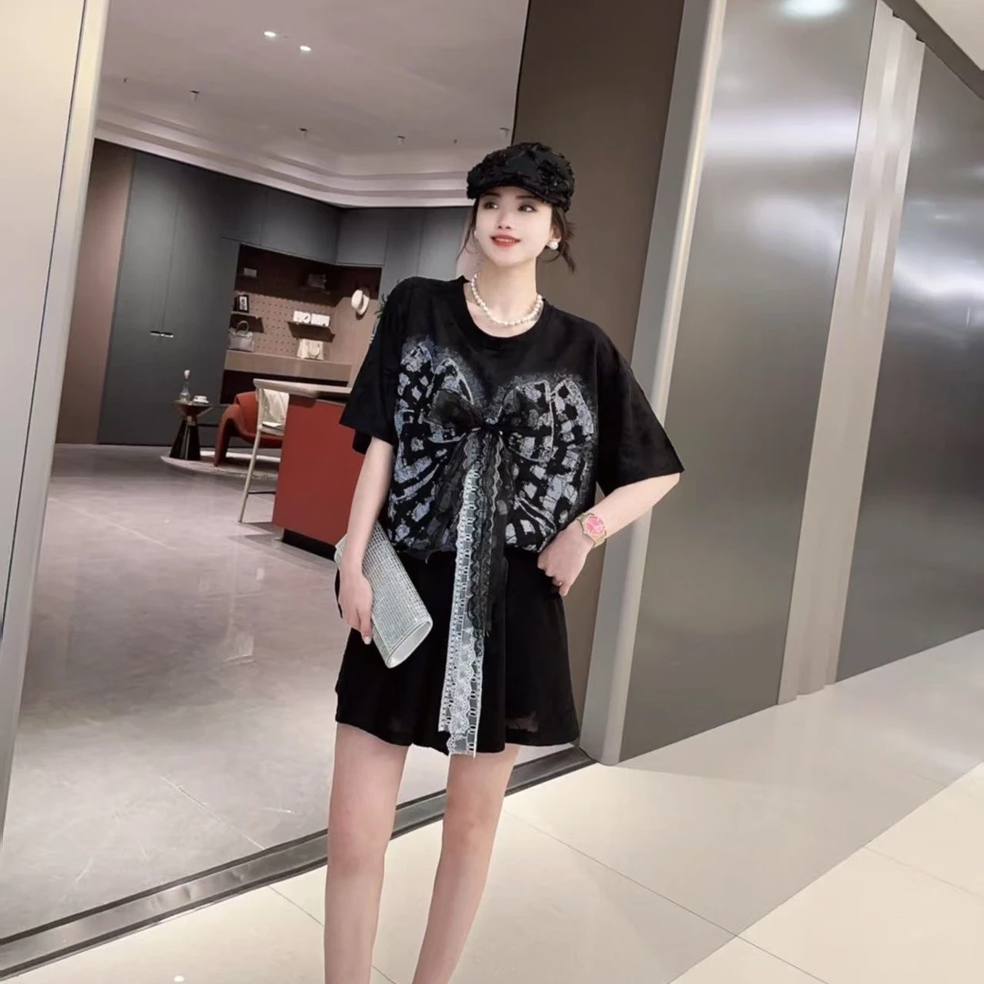 2025夏季新款胖MM大码印花立体蝴蝶结短袖短裤宽松显瘦两件套装