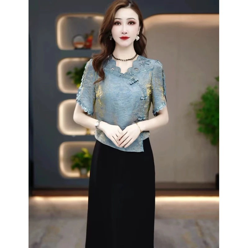 A字裙轻熟风V领夏季中国风连衣裙民族风宽松修身泰式