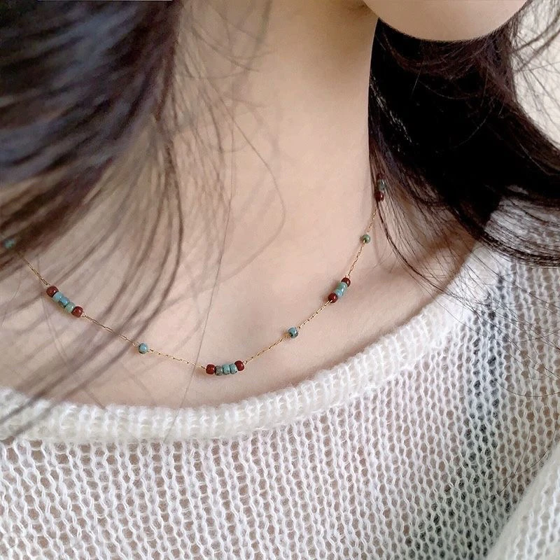 钛钢项链 中古松石撞色项链手链轻奢小众琉璃气质小众锁骨链女款