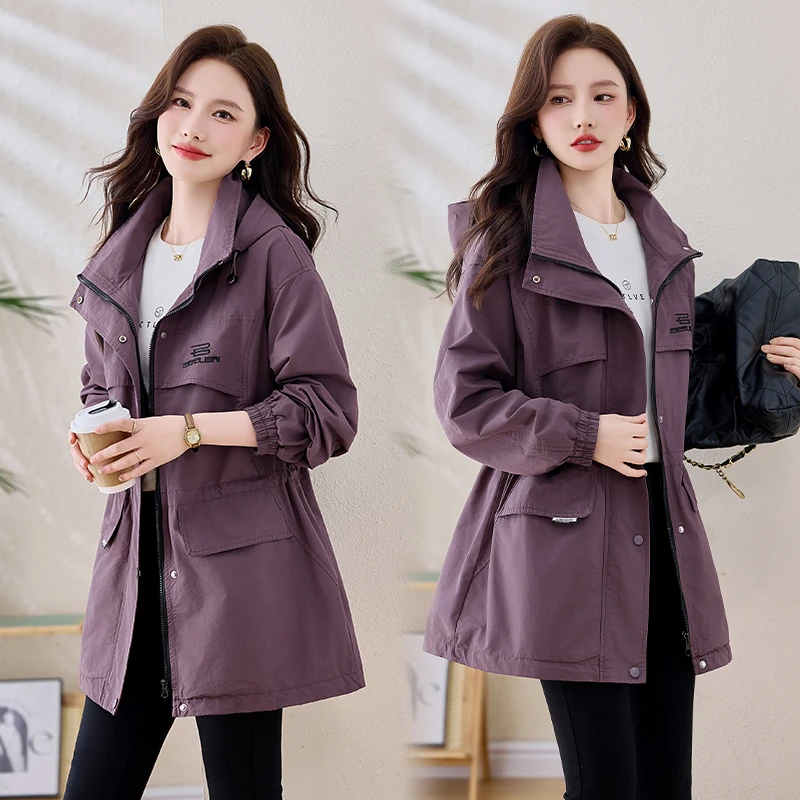 紫色衣服女2025新款爆款新款韩版时尚中长款风衣外套修身显瘦女士