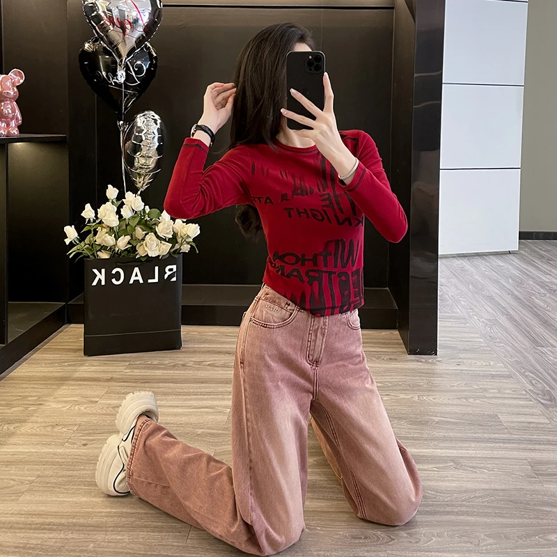 辣妹短款红色上衣女装春季洋气减龄长袖t恤高级感修身内搭打底衫