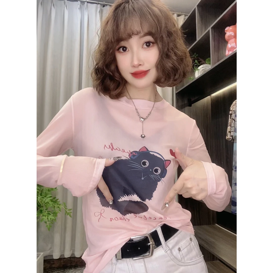 爆单款粉色超显白小猫咪印花网纱T恤减龄时尚防晒穿搭