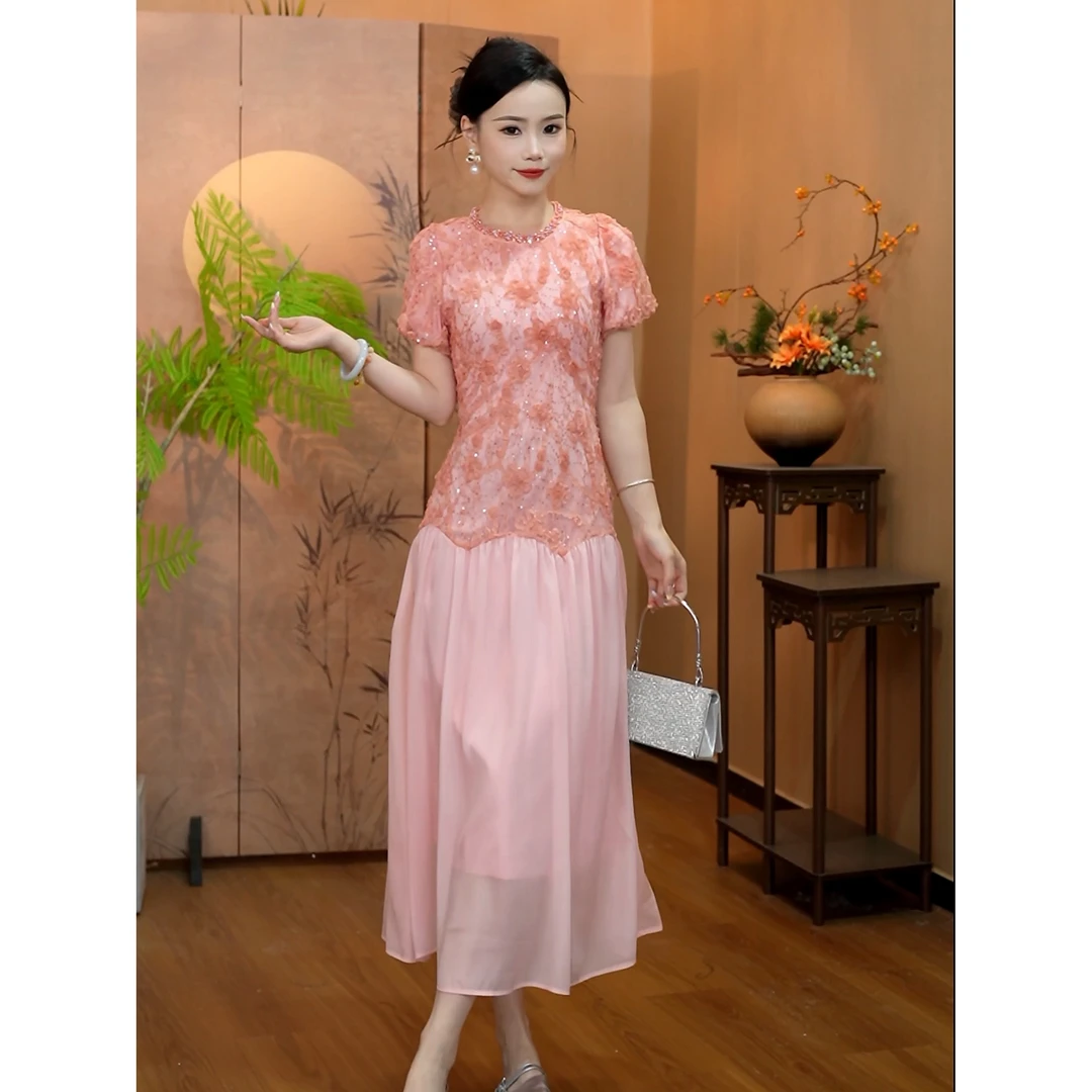 3603粉华闺秀夏季圆领钉珠刺绣花朵拼接垂坠纱长裙