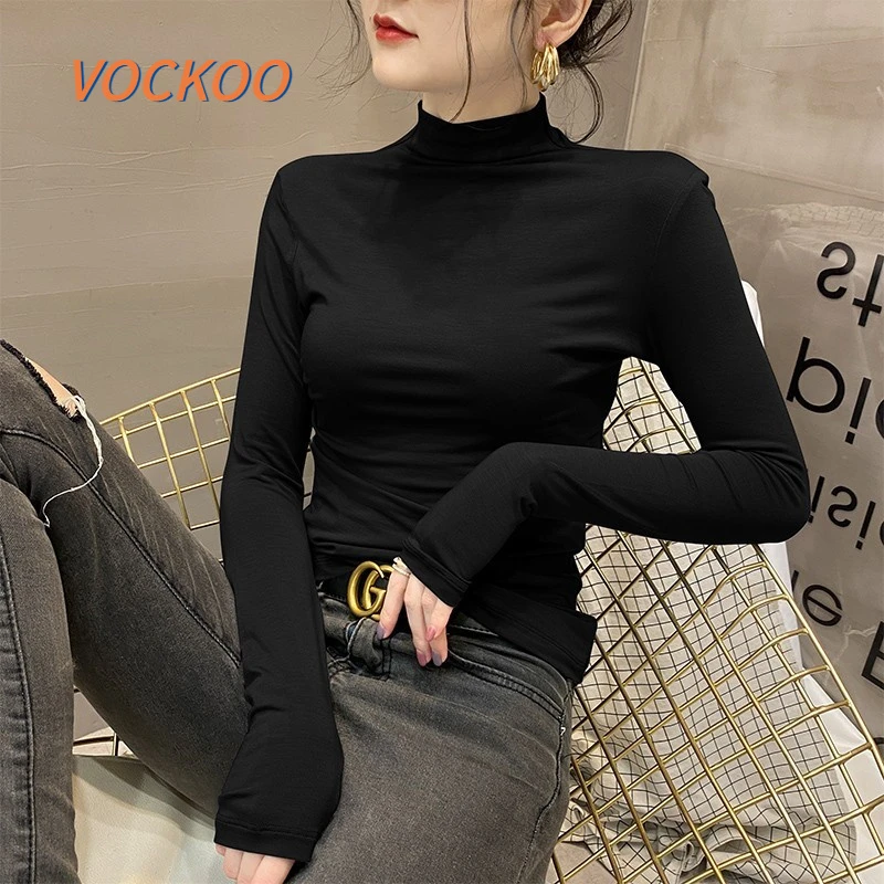 VOCKOO莫代尔黑色半高领打底衫女内搭秋季长袖T恤2025新款紧身洋