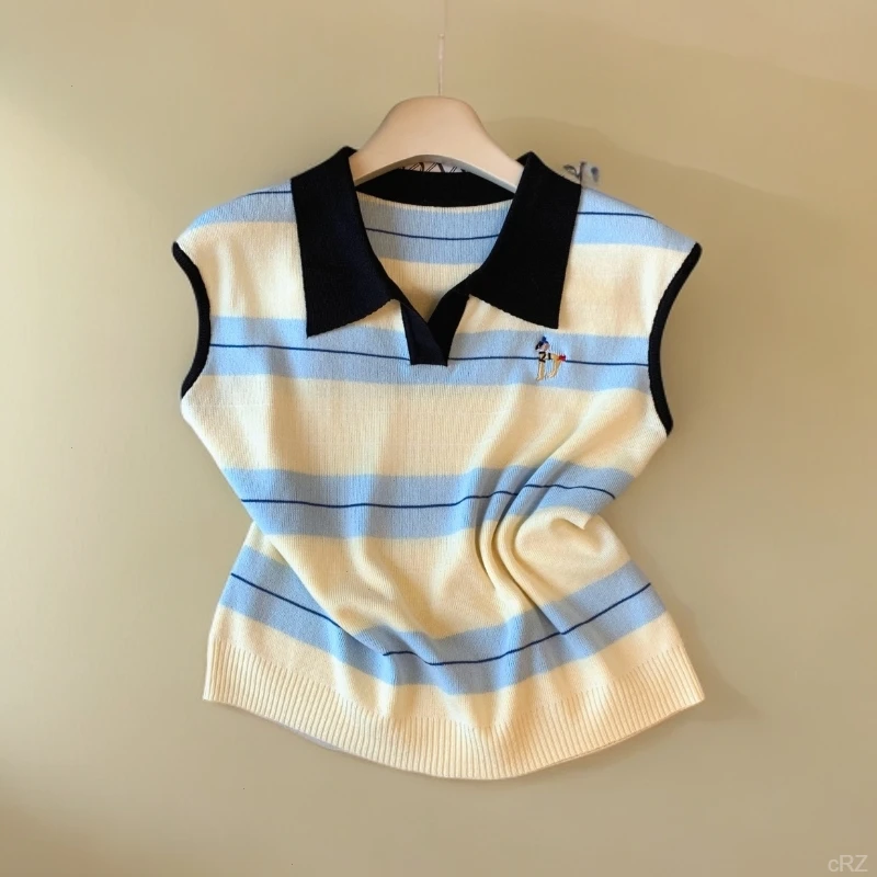 韩系减龄polo领撞色条纹设计感小飞袖冰丝针织女2025夏季显瘦上衣