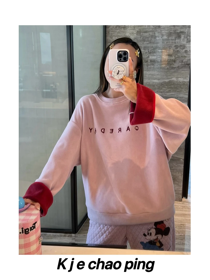 #5693绒绒KT双面绒字母印花卫衣配披肩冬韩系宽松圆领上衣