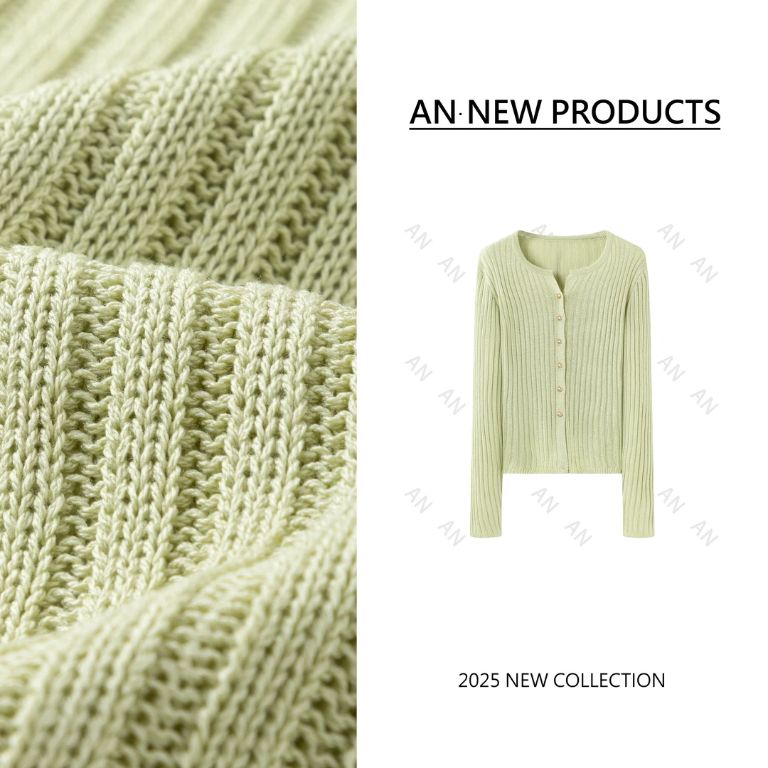 C03005春季新款温柔时尚欧若风金色纽扣简约长袖针织开衫