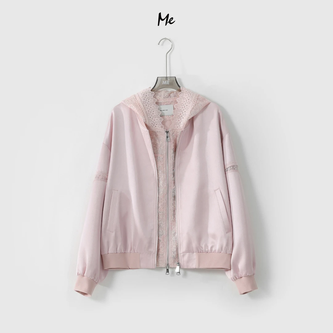 ME【星语蕾丝】100棉重工蕾丝拼接丝滑缎面时尚连帽外套MESS0950