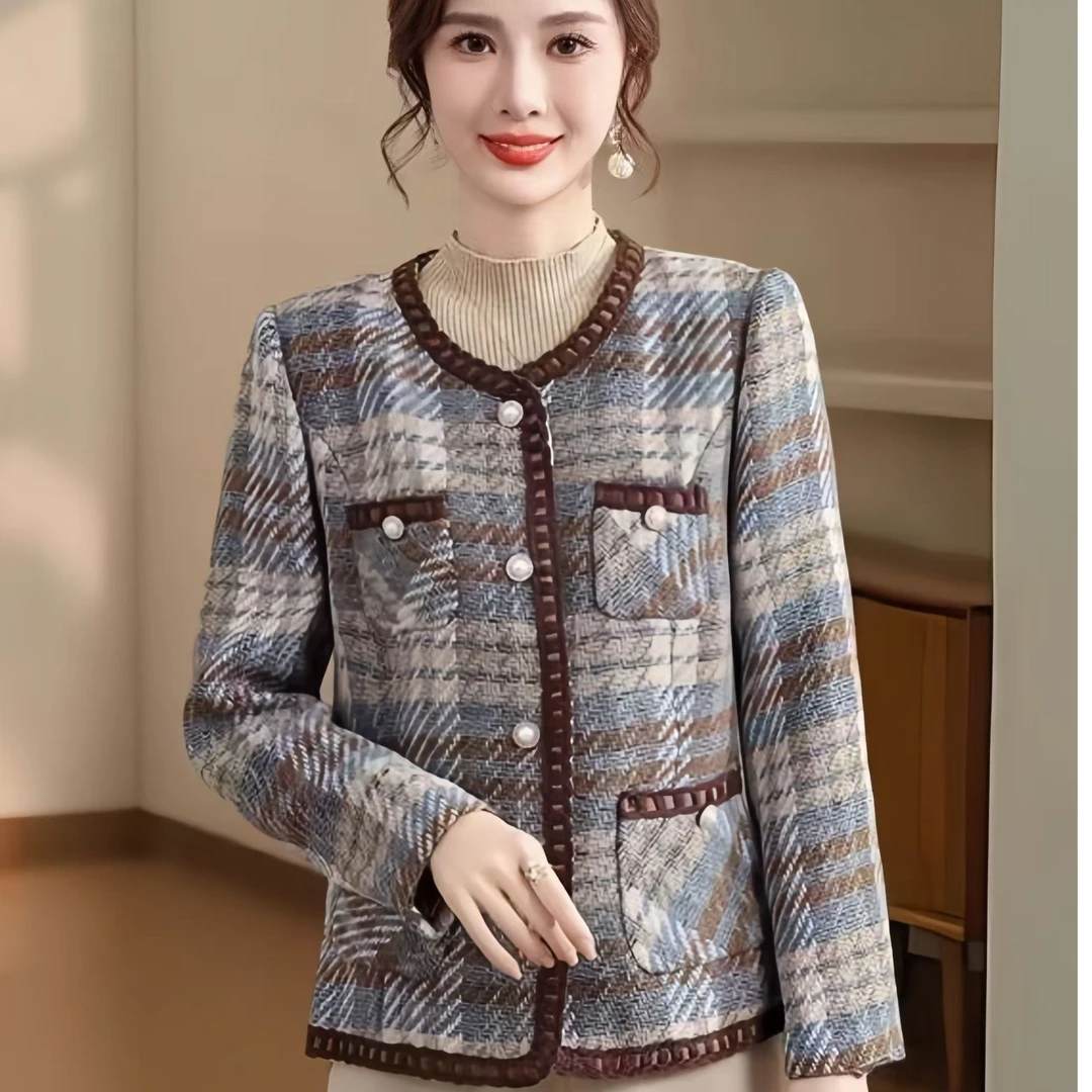 W250小香风气质洋气短款中老年时尚格子秋冬外套