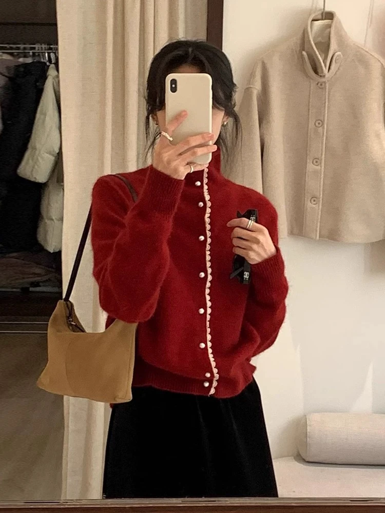新年穿搭高领花边针织衫红色毛衣开衫女秋冬新款宽松显瘦外套上衣
