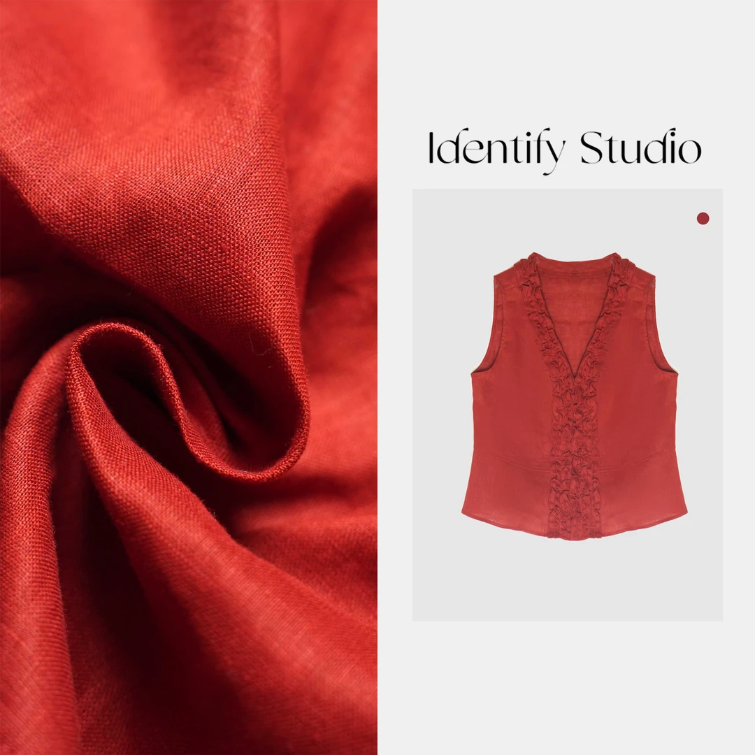 IDENTIFY“红桑”夏季新款百搭休闲木耳边领包边100亚麻马甲25SS