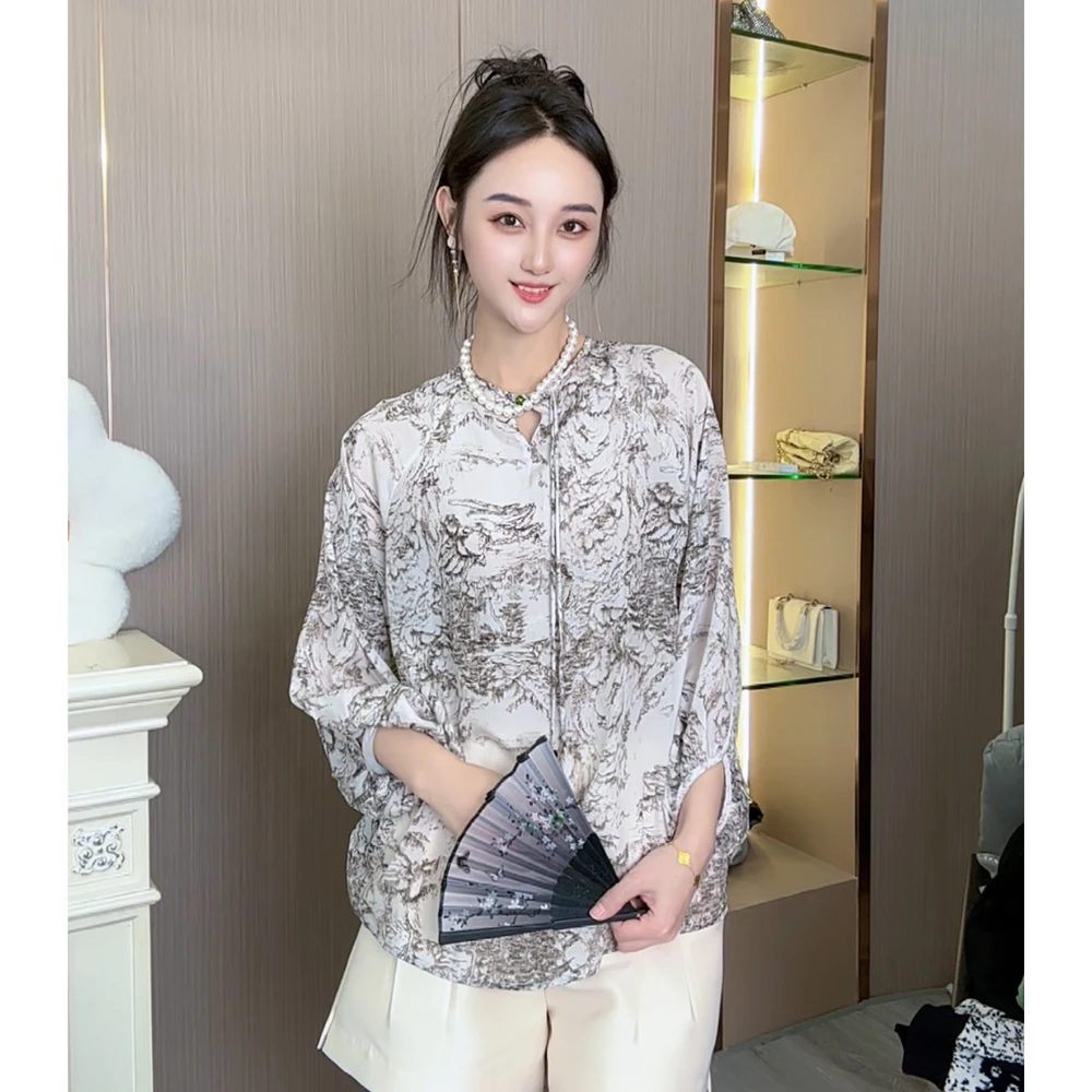 16姆米100桑蚕丝小衫新中式山水墨画圆领灯七分袖真丝上衣DLX35