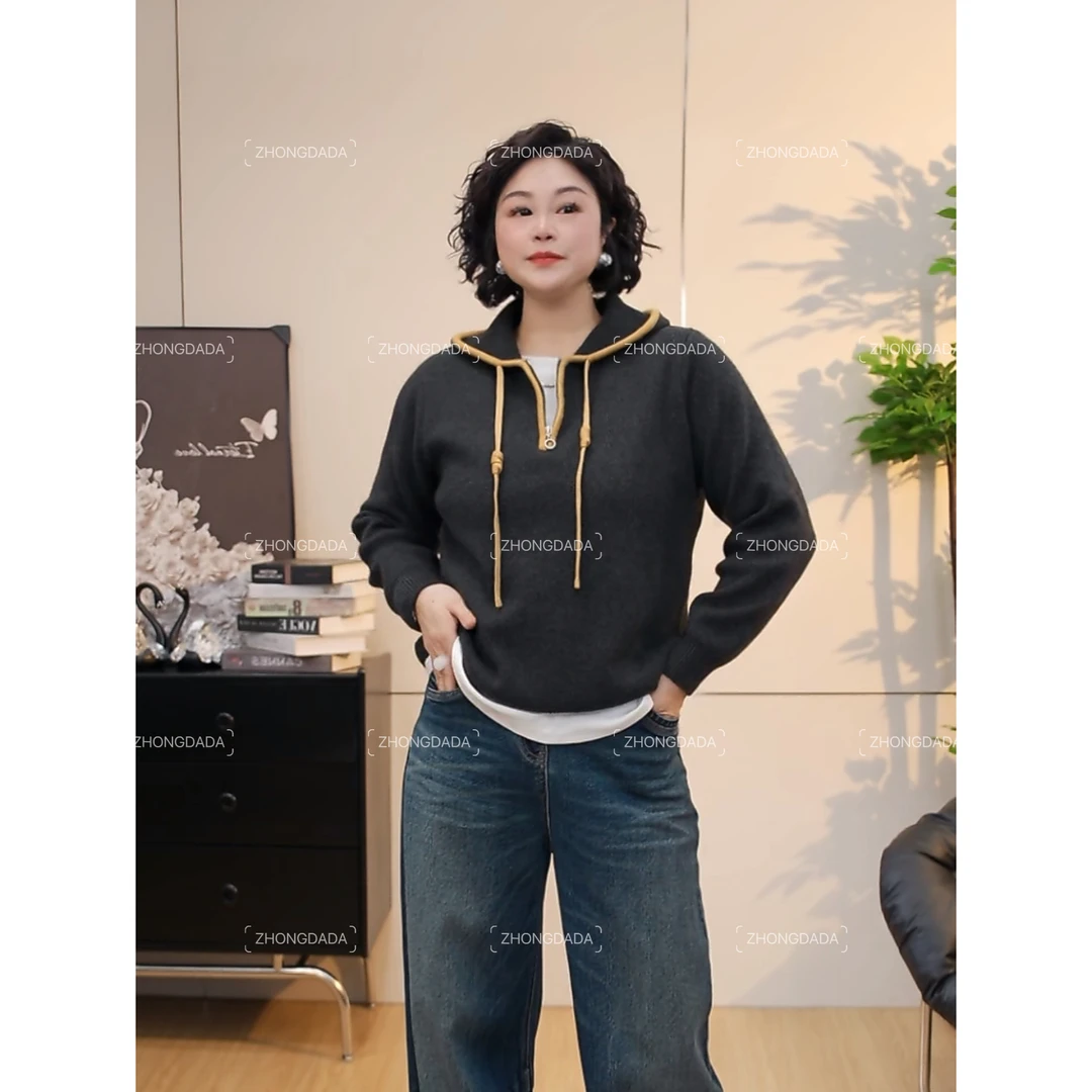 ZHONG大大【】秋冬连帽毛衣女时尚休闲半拉链显瘦百搭上衣12038