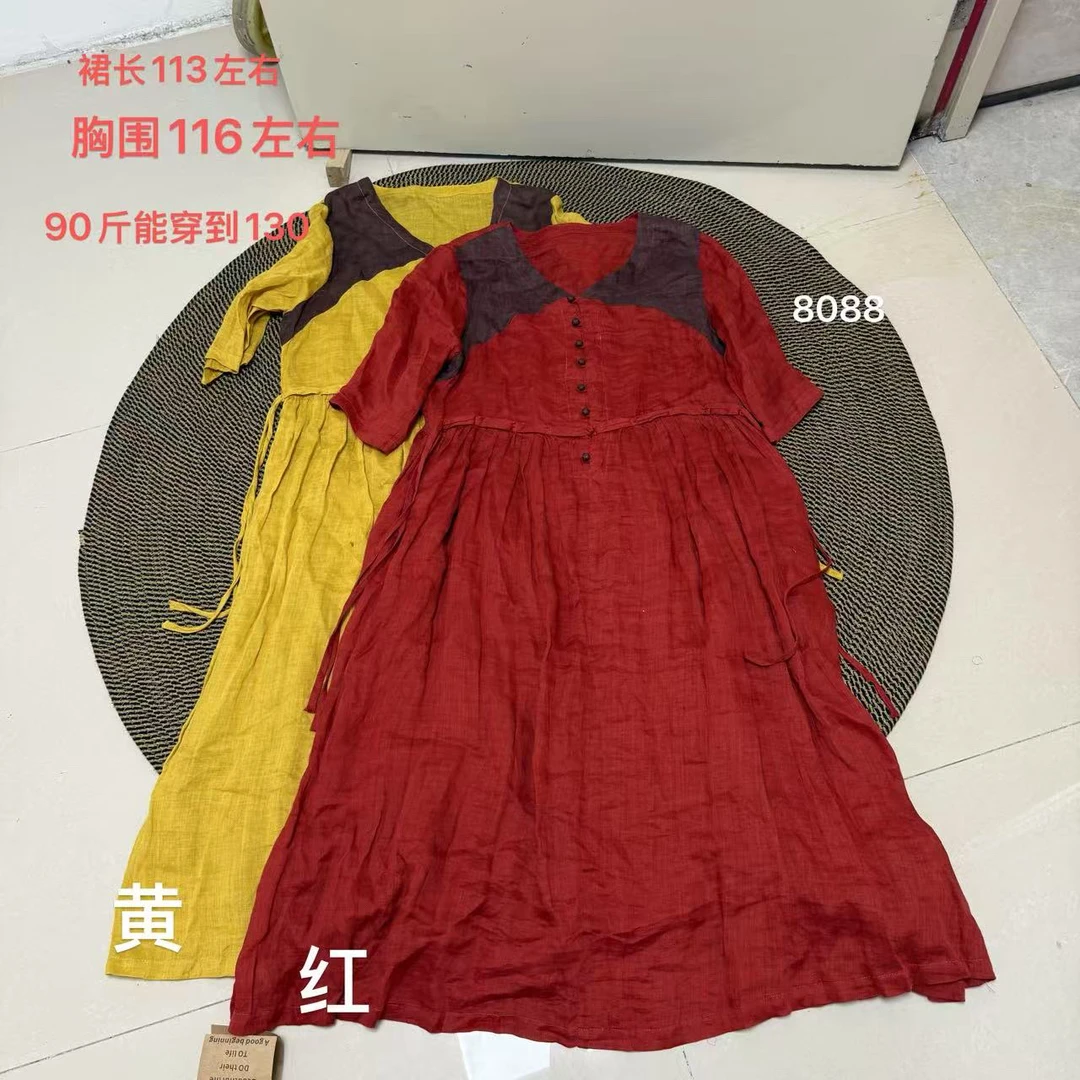苎麻宽松大版复古拼接连衣裙  8088#
