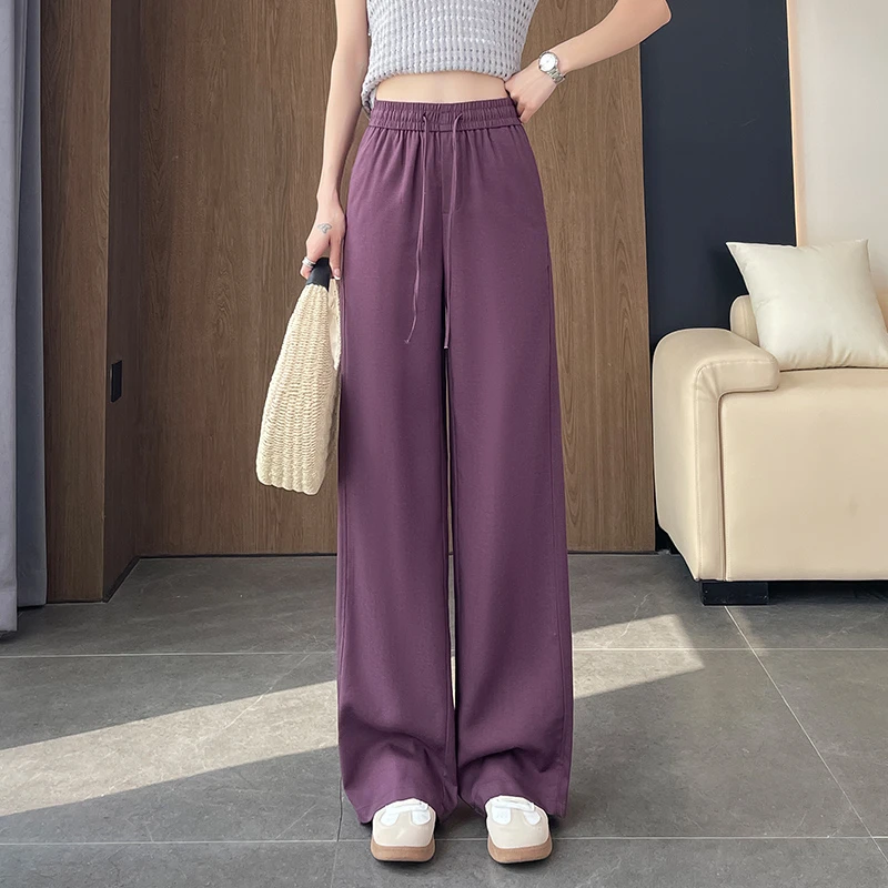 天丝亚麻杏色垂感高腰直筒裤女2025夏季新款休闲百搭透气薄款长裤