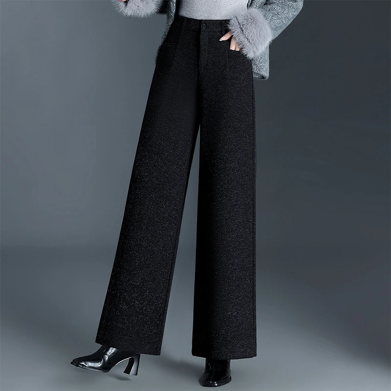 加绒加厚毛呢阔腿裤女秋冬长裤子2025新款高腰通勤显瘦直筒休闲裤