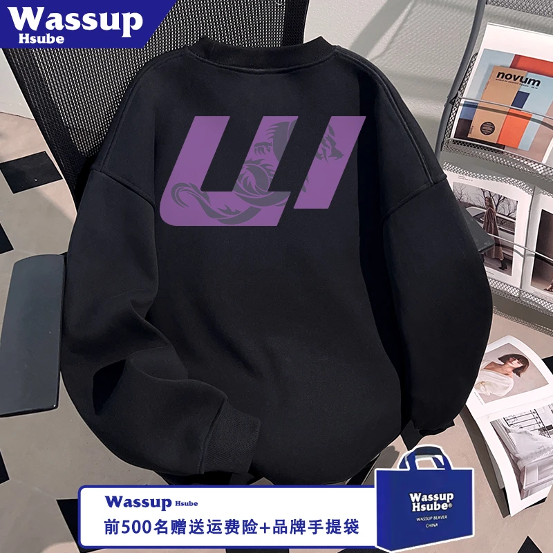 WASSUP HSUBE秋冬季男女新款上衣炫酷龙图腾字母印花黑色时尚卫衣