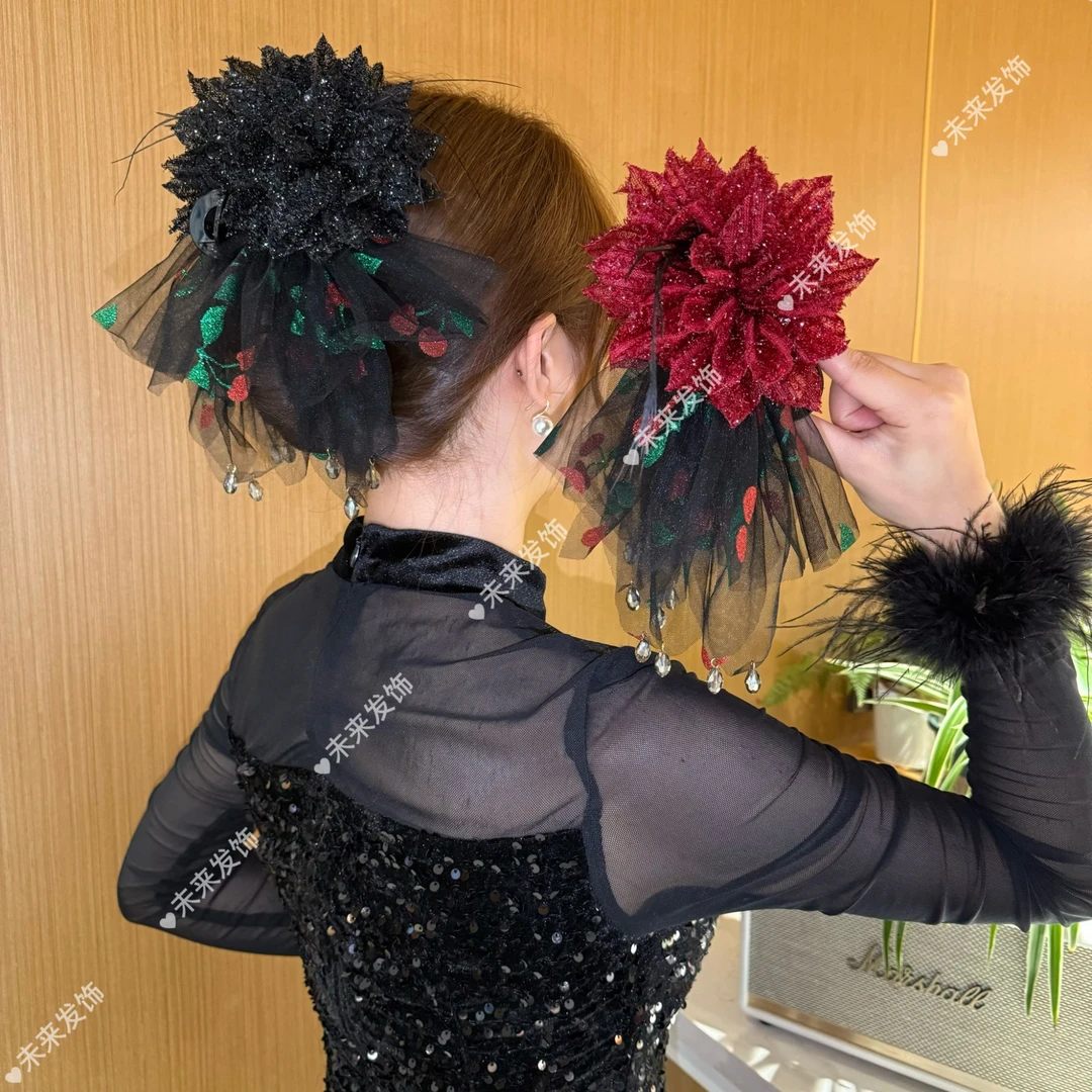 未来发饰 新款殷桃裙摆抓夹复古港风原创手工网纱印花显发量抓夹