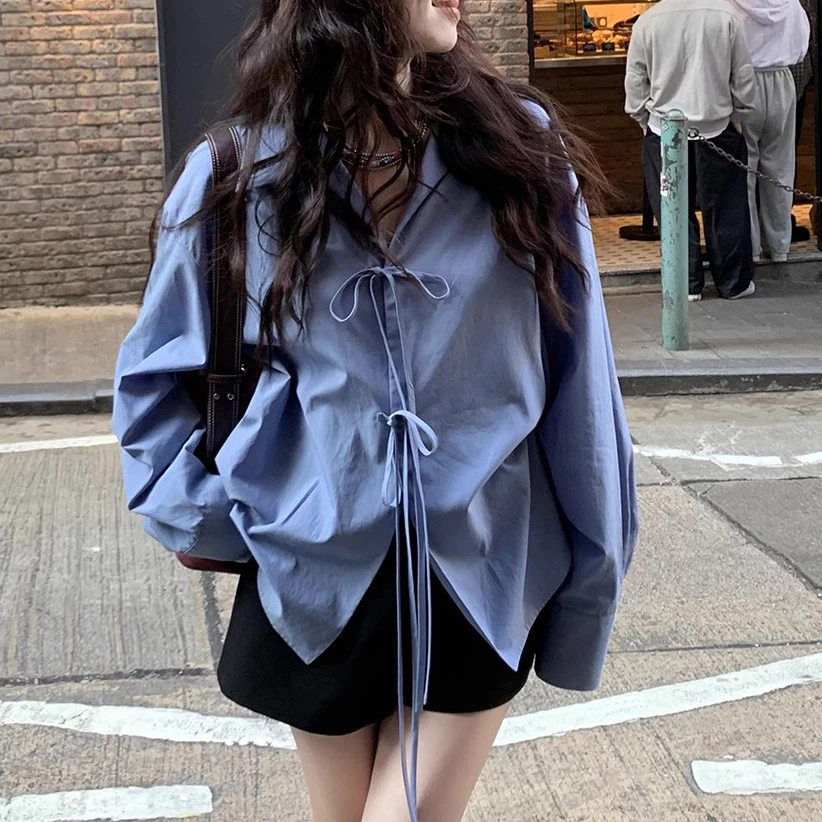 天丝莱赛尔棉设计感翻领蝴蝶结系带衬衫女法式复古上衣春