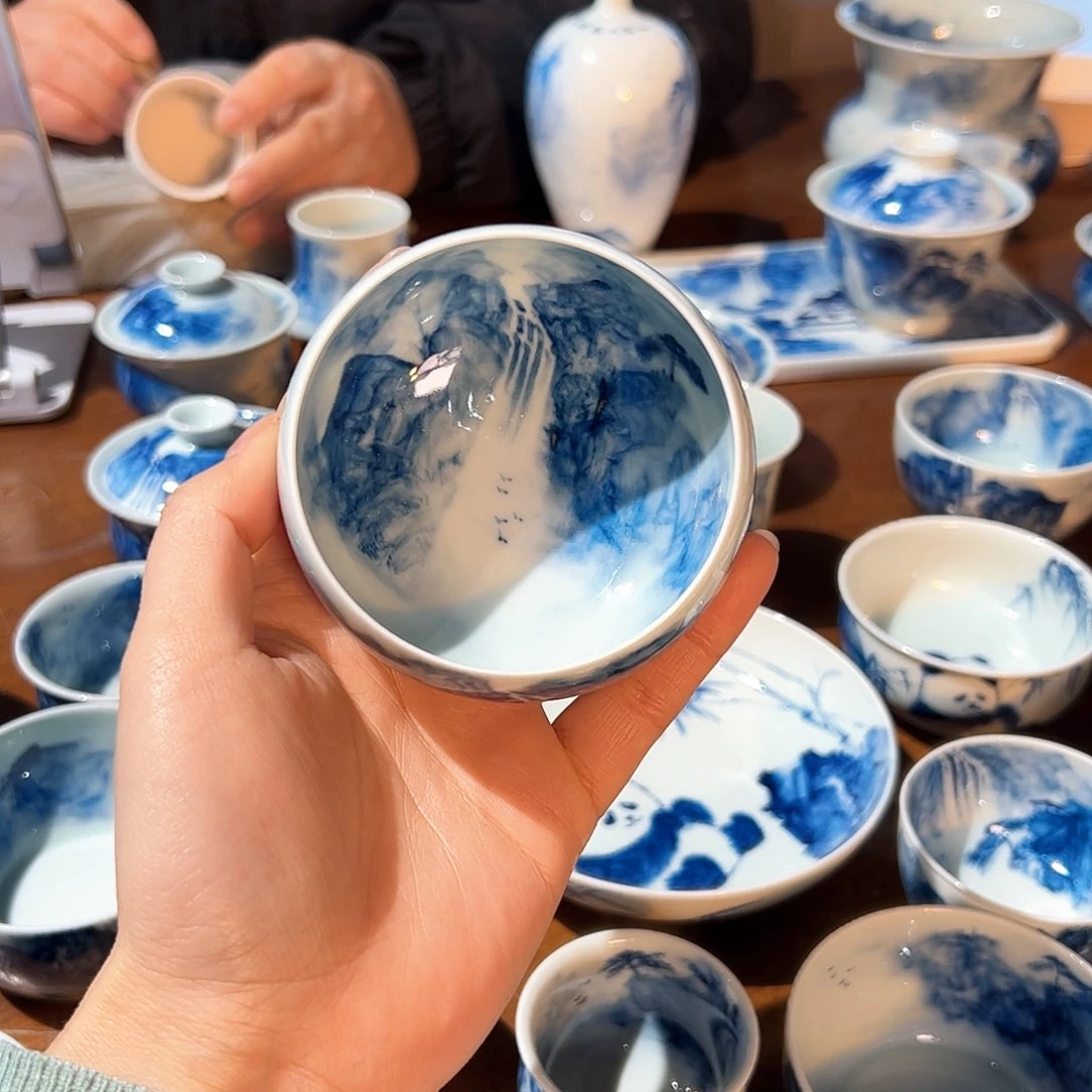 杯胖*儿青花手绘山水盖碗