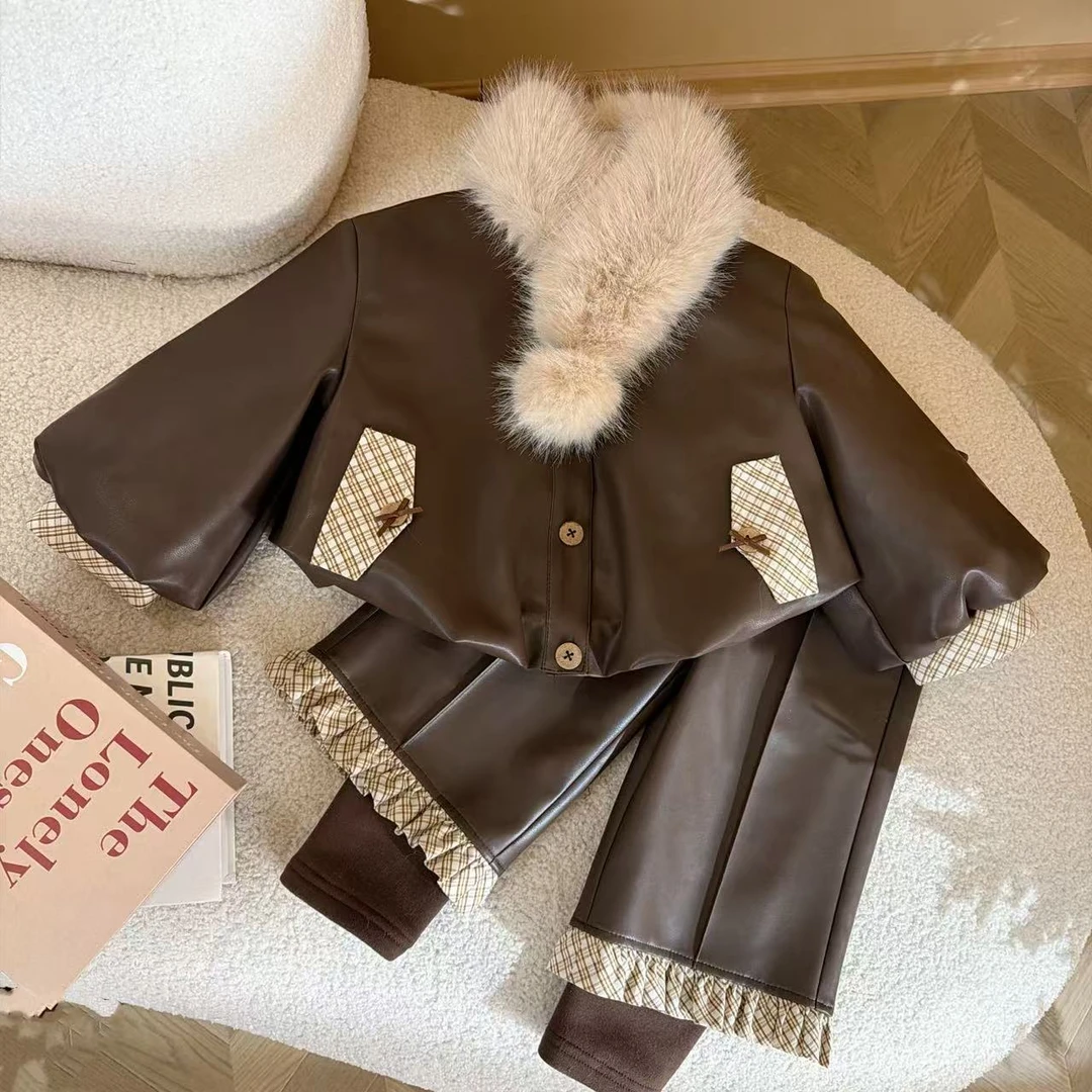 女童加绒加厚款皮衣套装2025新款冬儿童翻领洋气上衣裤子