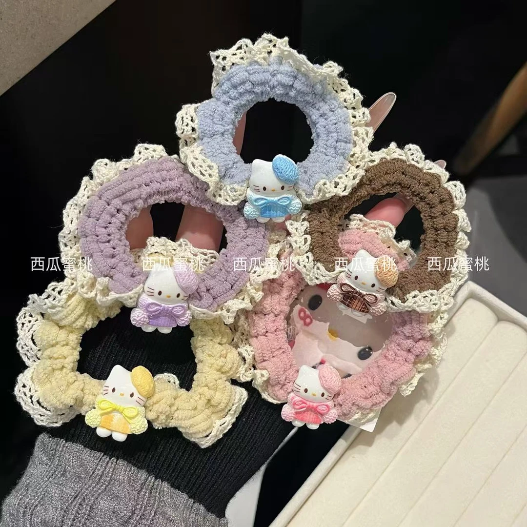 新款可爱蕾丝花边KT猫发圈少女卡通百搭马尾小肠圈高颜值森系发绳