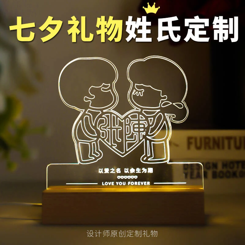 情侣娃娃小夜灯diy定制姓氏卡通爱心台灯床头灯发光情人节礼物