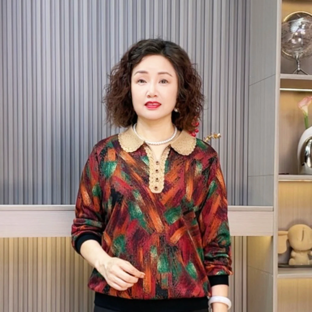 百搭打底翻领休闲短袖妈妈装长袖中老年女装休闲风秋季打底衫小衫