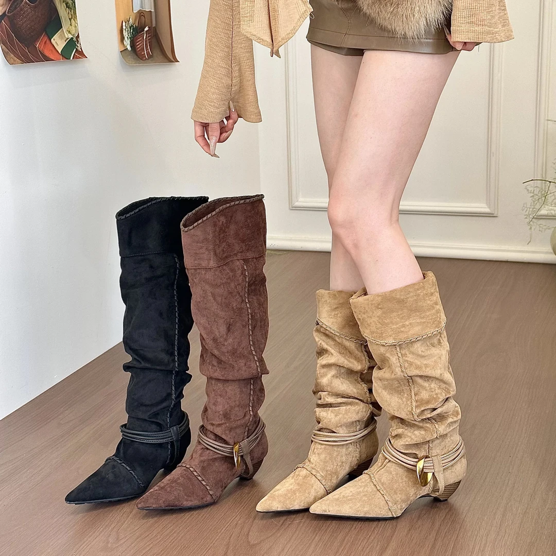 titing高智腿精！三穿绒面尖头编织金属扣堆堆靴女秋韩版坡跟长靴