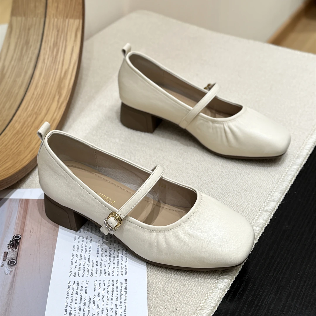 韩版粗跟褶皱一脚蹬单鞋女2025新款夏季复古中跟软底玛丽珍小皮鞋