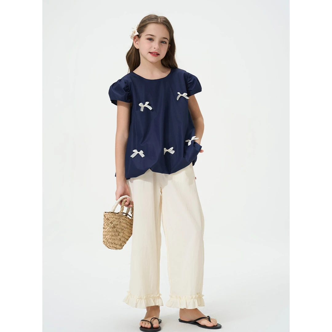 梦特娇女童夏季时髦套装儿童泡泡袖蝴蝶结上衣木耳边直筒裤A01