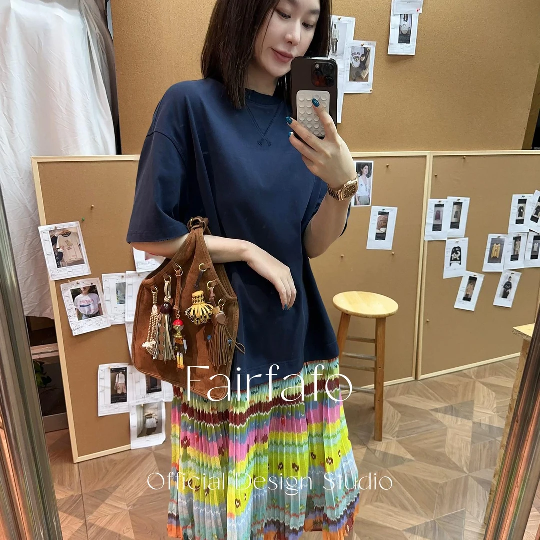 【撞色拼接百褶连衣裙】QZBL55282早秋民族风出游拼接百褶连衣裙