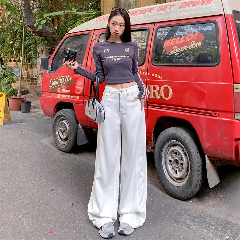 莱赛尔白色阔腿牛仔裤女薄款2025夏季高腰显瘦垂感宽松直筒拖地裤