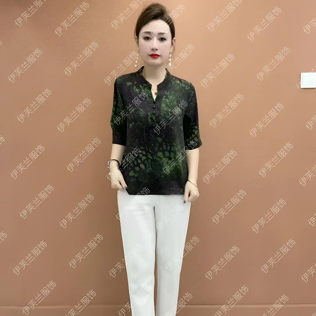 2025新款时尚妈妈装中年洋气遮肚复古夏季上衣中国大码气质中老年