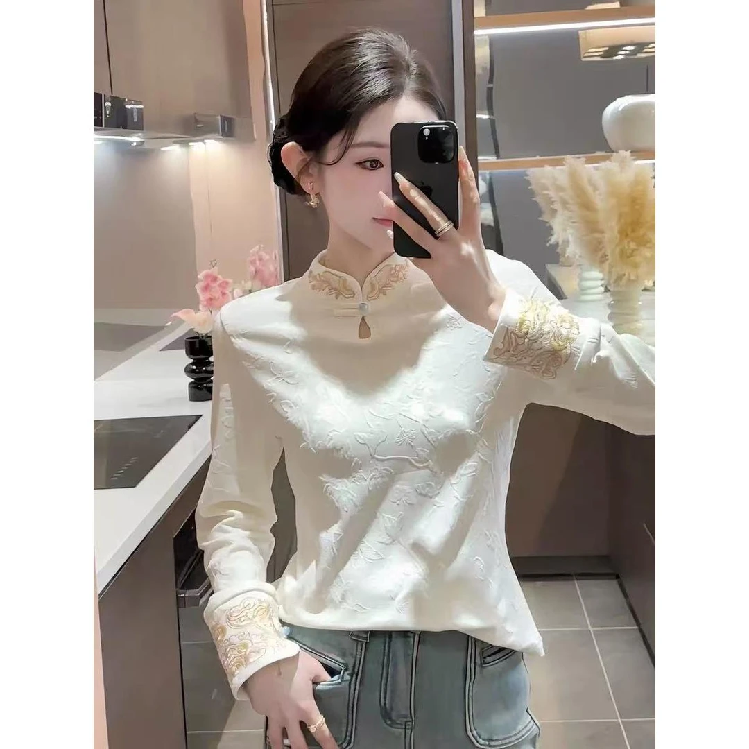 新中式国风立领加绒长袖衬衫上衣#8761