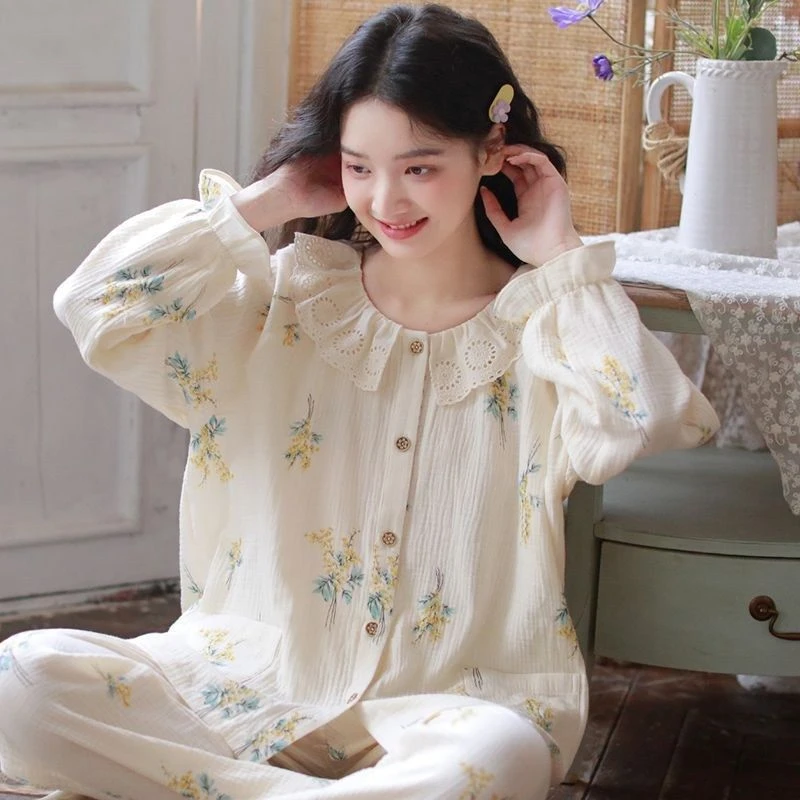 春季纯棉睡衣女娃娃领甜美印花全棉纱布可外穿宽松家居服两件套装