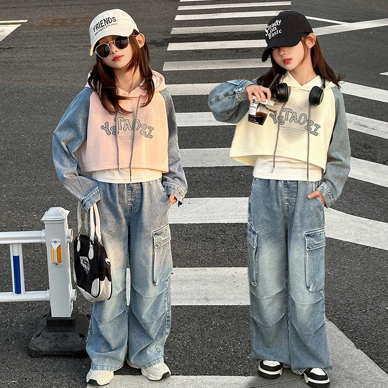 女童春装套装2025新款中大童网红洋气儿童春秋款牛仔工装裤三件套