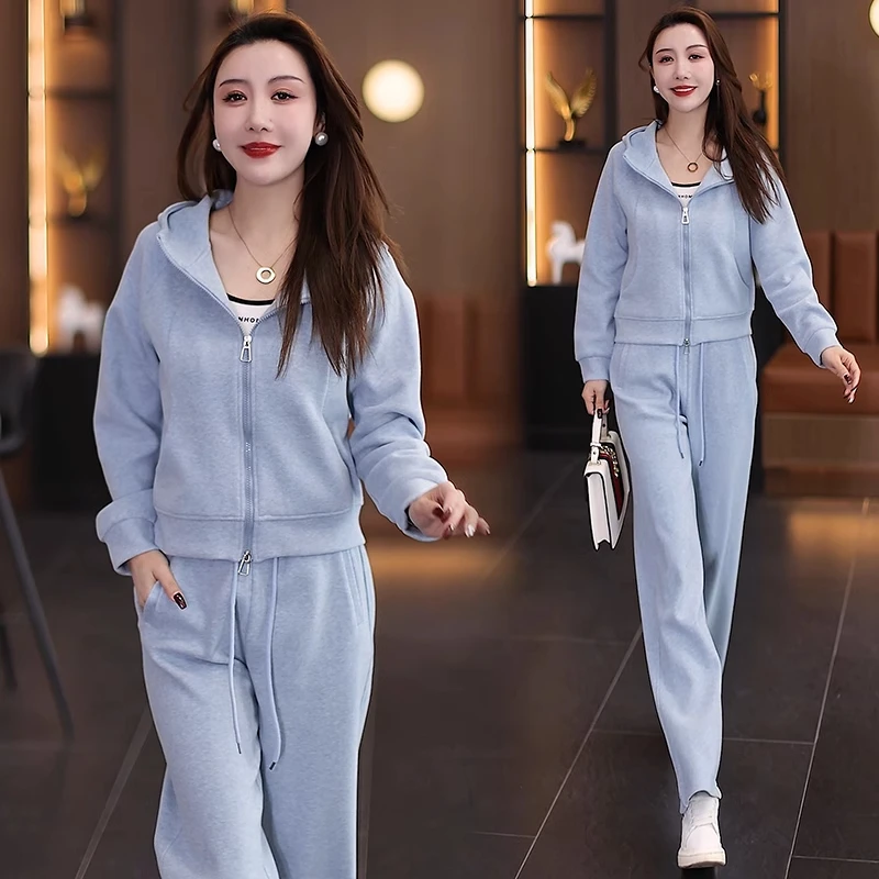 休闲运动套装女2025春季新款洋气显瘦连帽卫衣开衫阔腿裤两件套潮