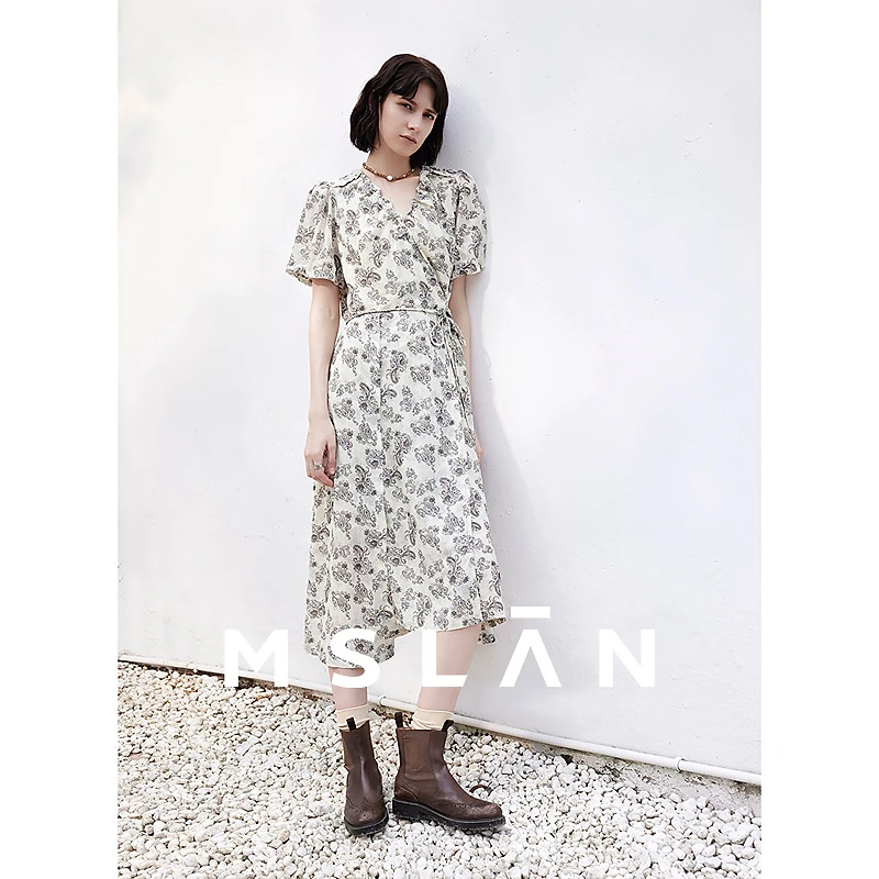 MSLAN商场同款夏季新款复古时尚气质褶皱串珠抽绳连衣裙女MGBT509