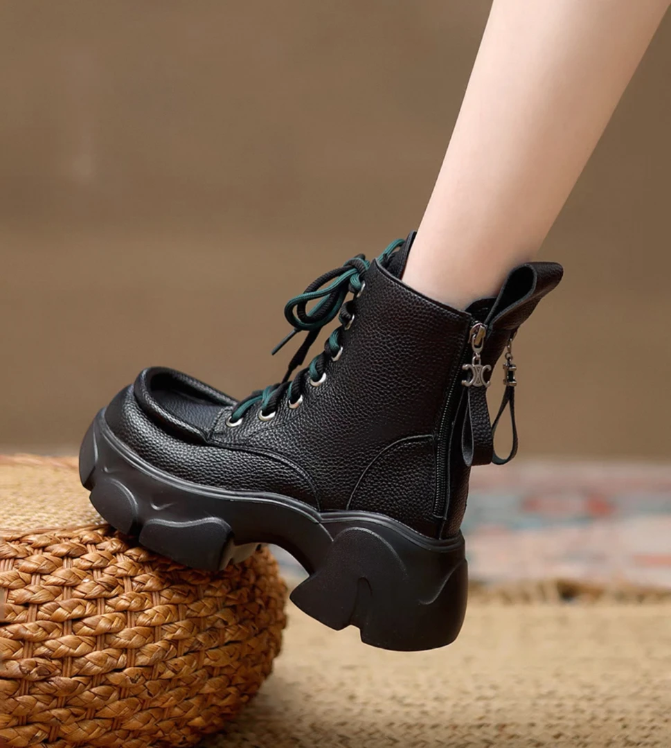 真皮厚底马丁靴女秋冬新款松糕软底休闲短靴休闲百搭女鞋