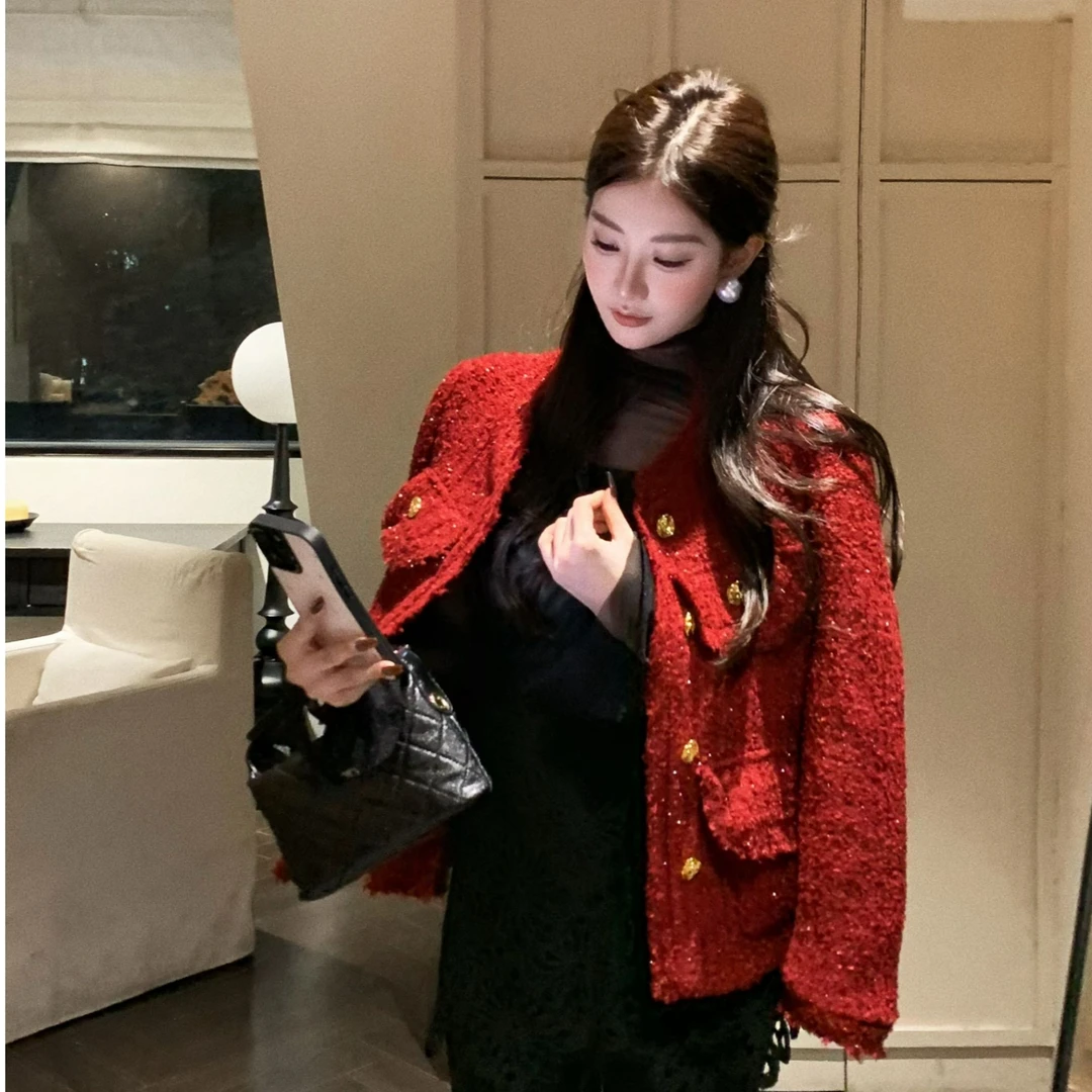 【绣也】重工夹羽绒女厚款轻奢短款冬季粗花呢小香风外套1004