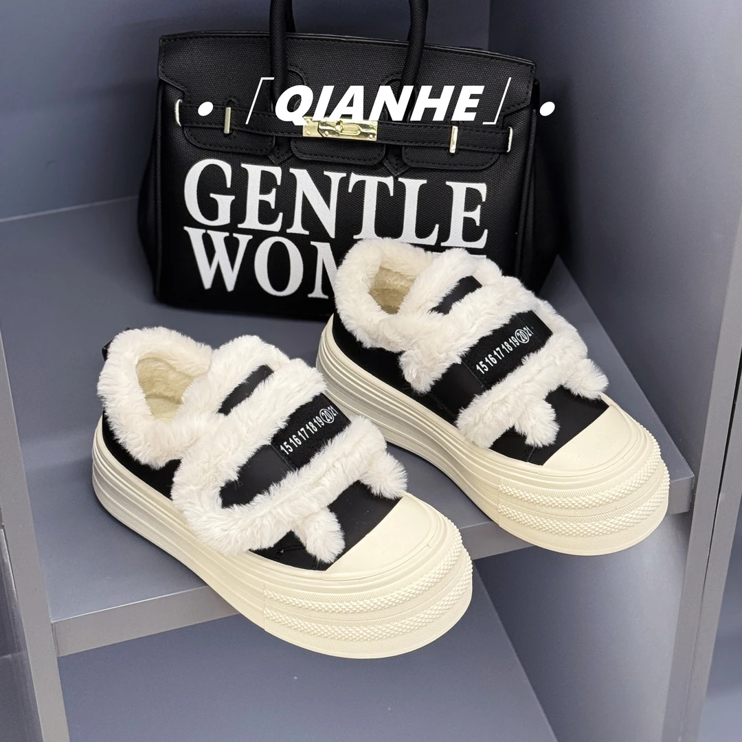 「Qan'h千合女鞋」• 冬季加绒保暖厚底百搭低帮毛毛板鞋（99-22）