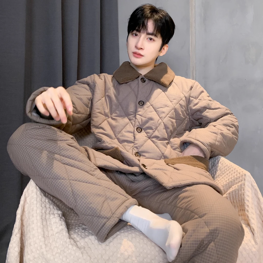 冬季男士纯棉三层夹棉睡衣内绒外棉梭织夹棉磨毛防静电毛领家居服