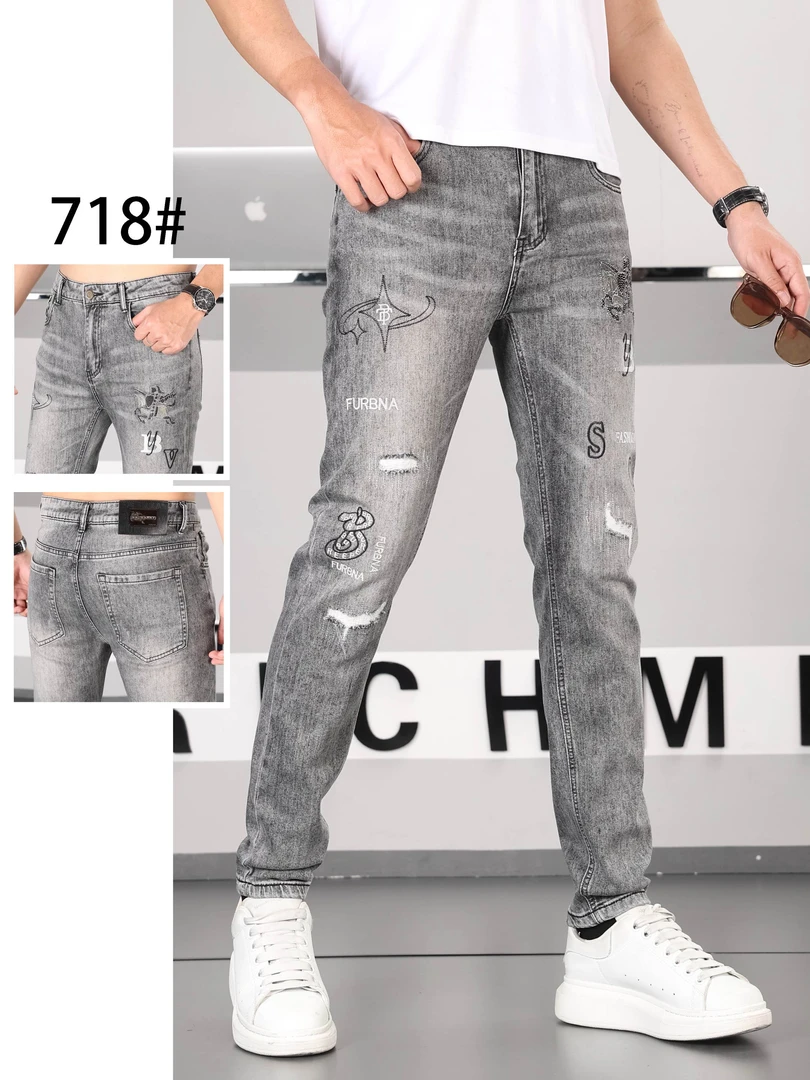 欧货男士牛仔裤假破洞潮流修身新款夏季潮718