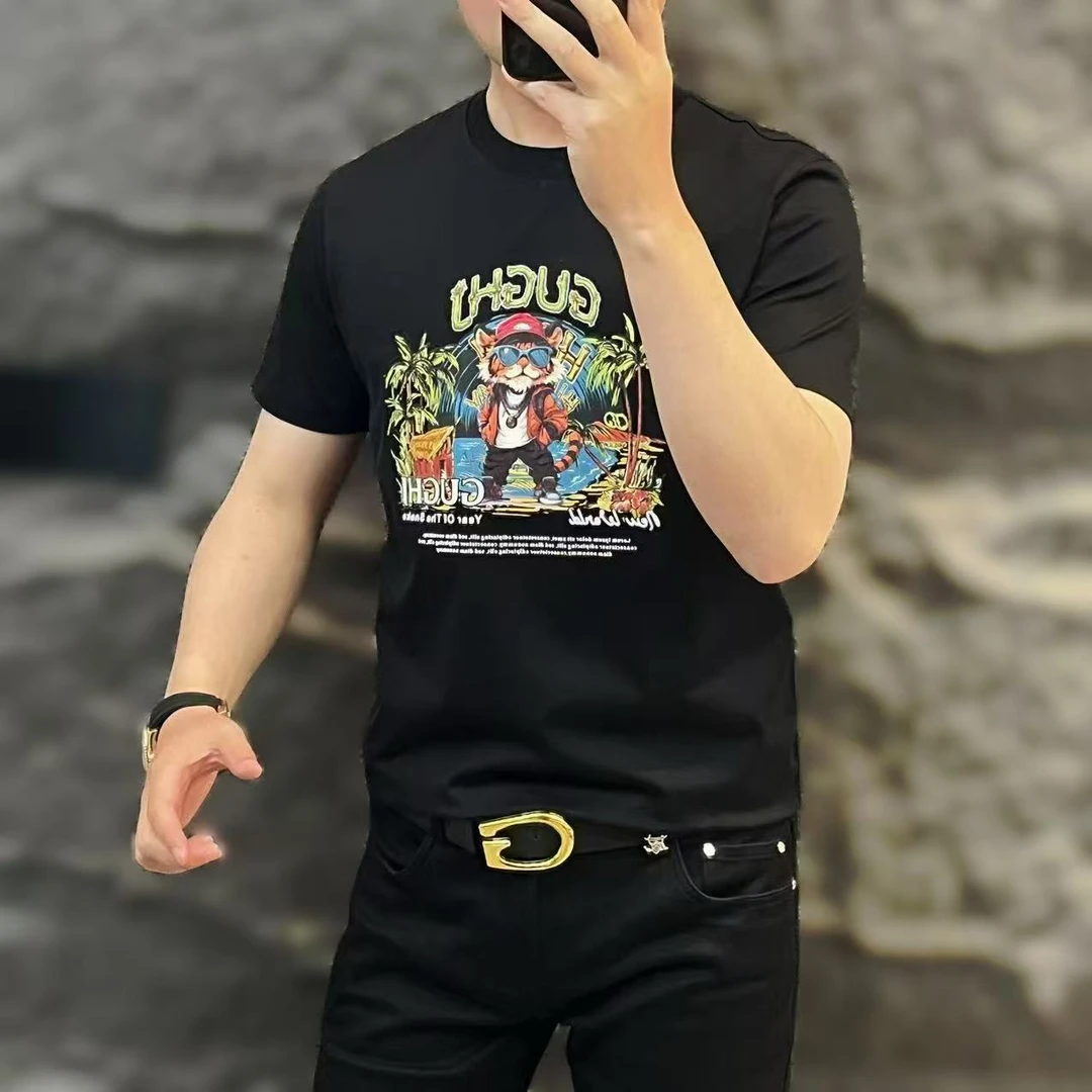 新款高端男士潮流百搭个性潮流猫图案休闲短袖T恤8028