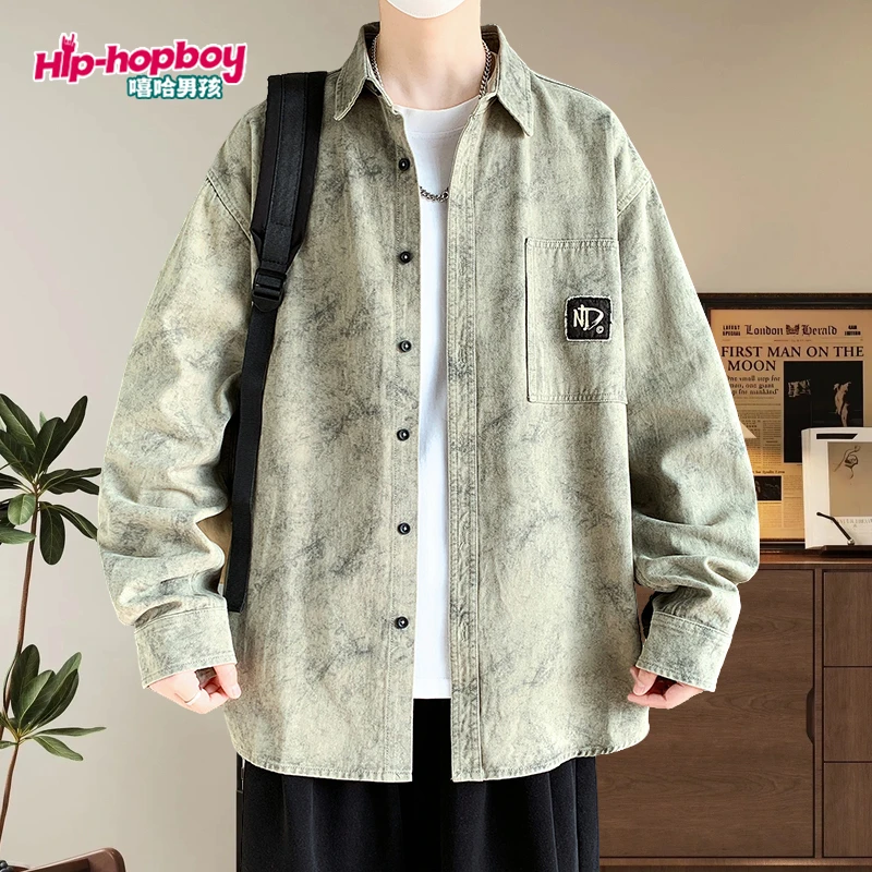 纯棉长袖衬衫男款春秋季痞帅印花工装上衣服男士宽松休闲衬衣外套