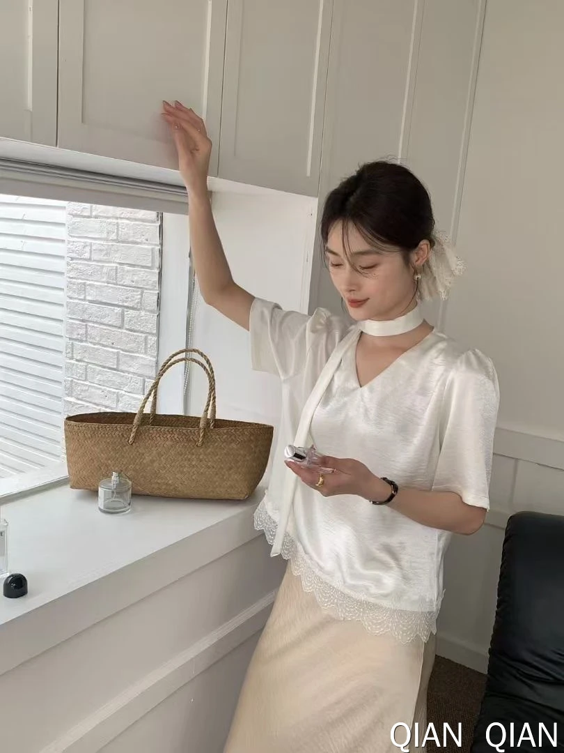 夏季韩系气质飘带蕾丝拼接宽松显瘦短袖衬衫女高级感小衫98852