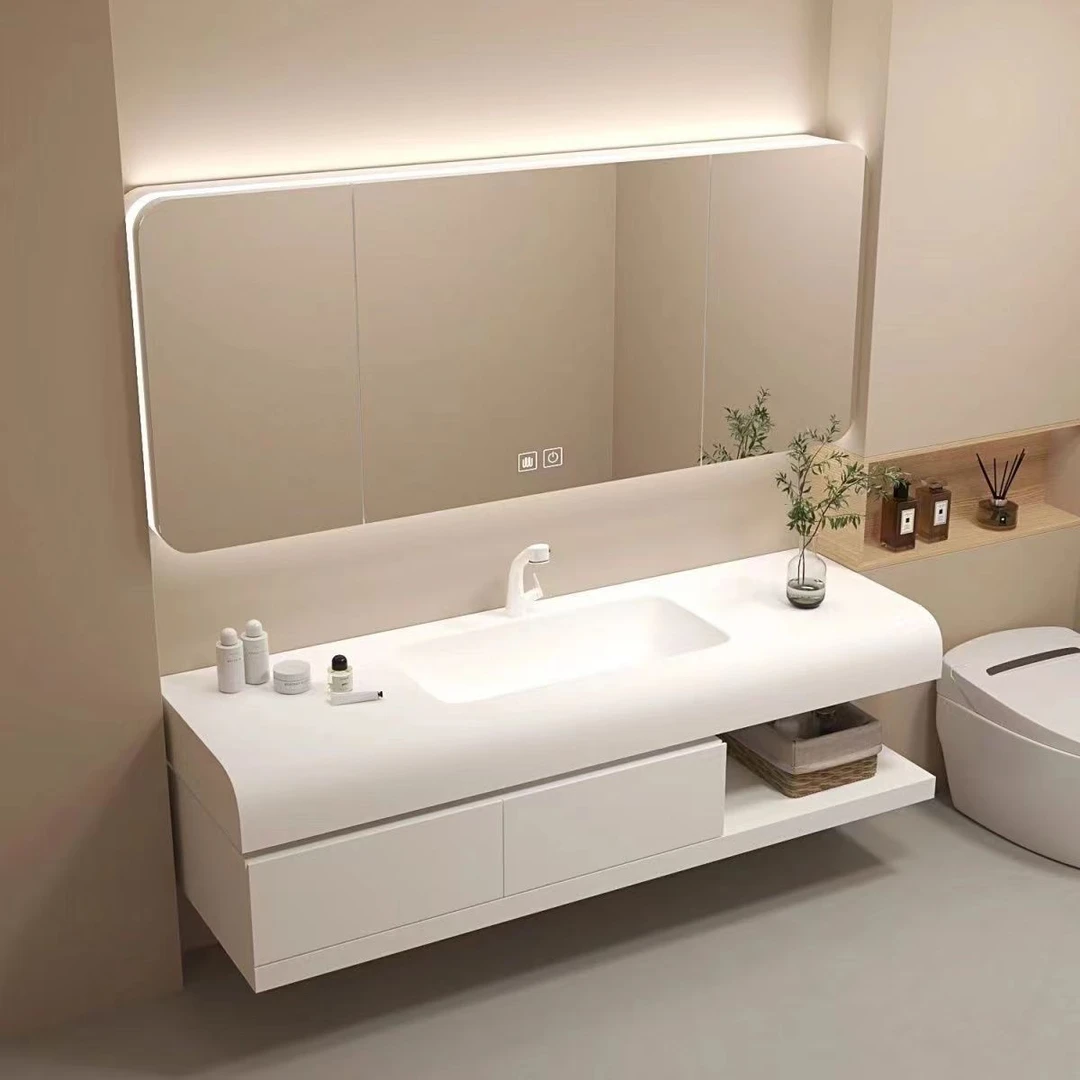 奶油风可丽耐一体盆浴室柜肤感分体洗漱台卫生间圆弧形浴室柜酒店