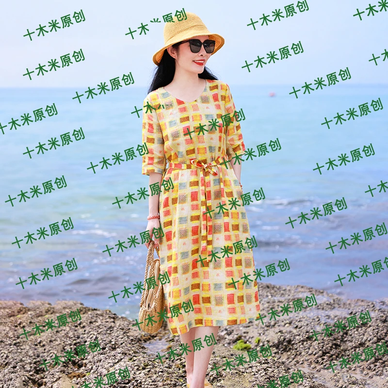 彩铃/十木米原创夏款百分百亚麻印花清新文艺休闲中长连衣裙
