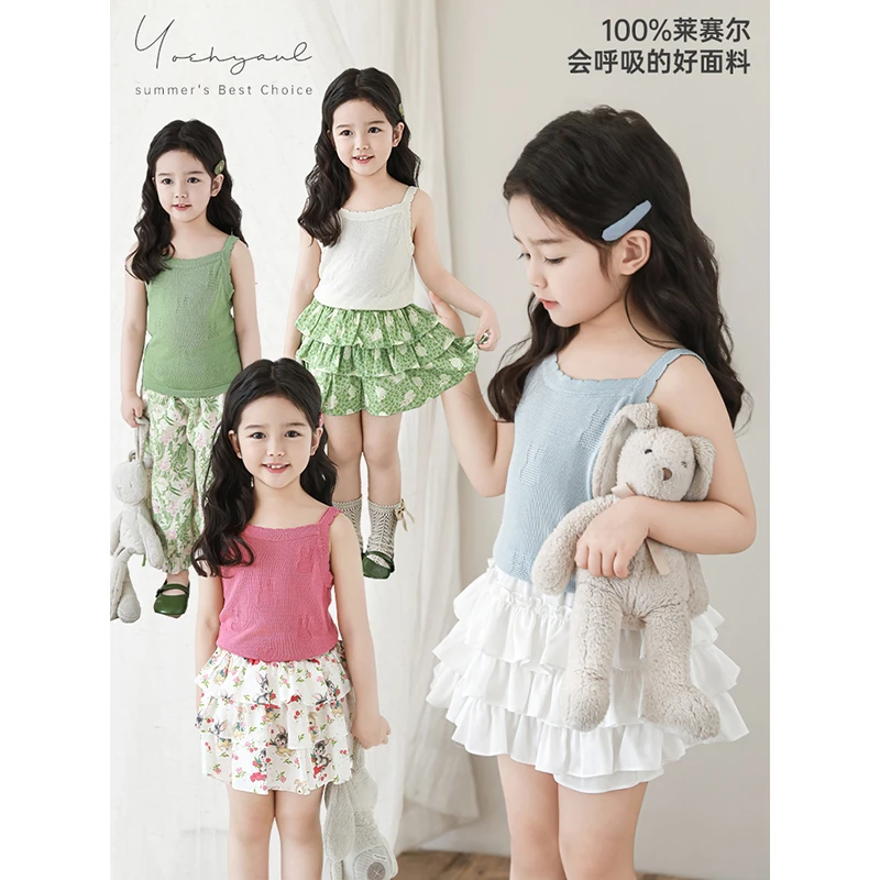 YOEHYAUL/幼悠【童趣小兔】夏伍波下公主夏季薄款无袖吊带背心X5213